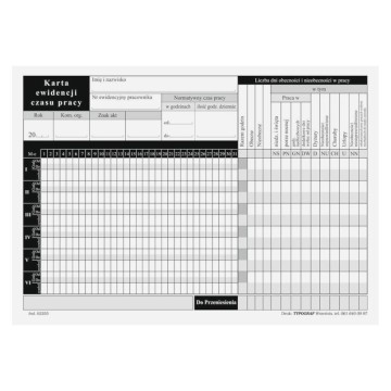 Druk- Karta ewidencji czasu pracy A5 TYPOGRAF [50]