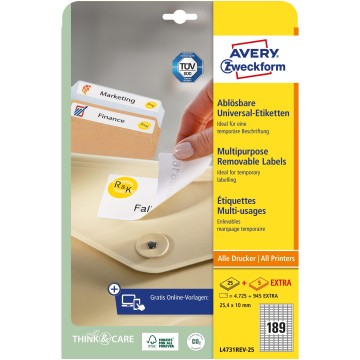 Etykiety usuwalne A4 AVERY [25+5] 25,4/10 białe
